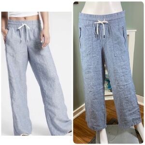 Athleta Cabo Blue Linen Straight Wide-Leg Pants Drawstring Size 4 Cotton Small S